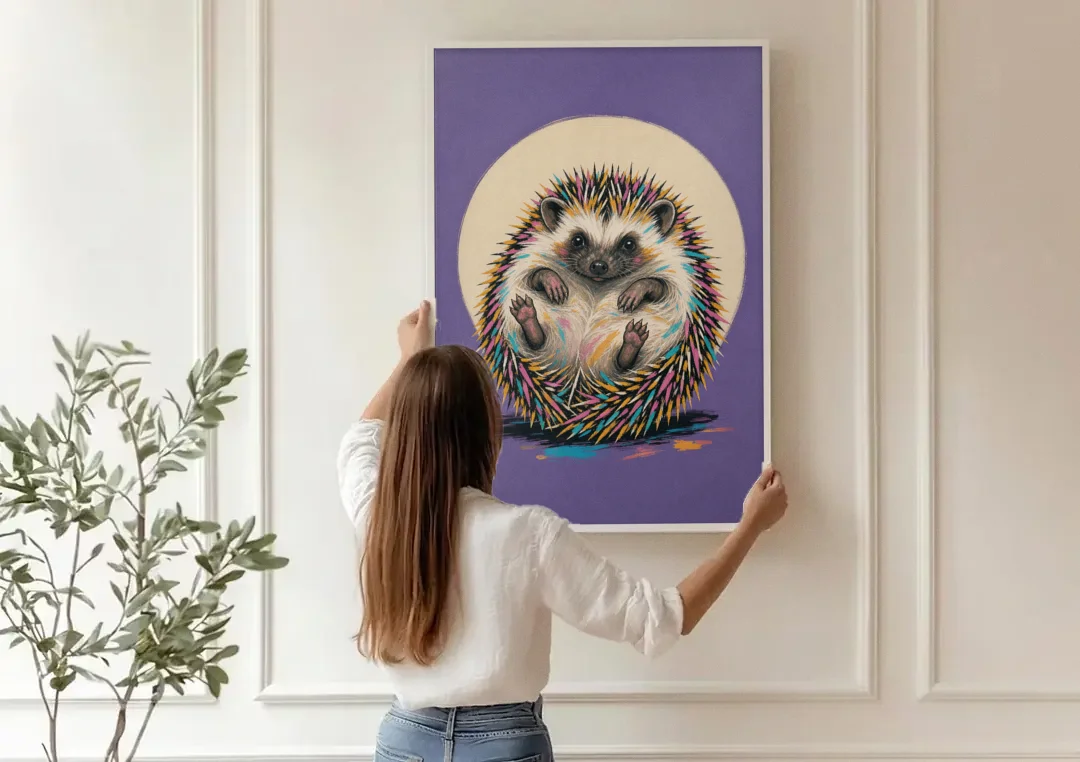 Whimsical Wall Decor Hedgehog Stuck on Its Back canvas wall art being hung on a paneled wall