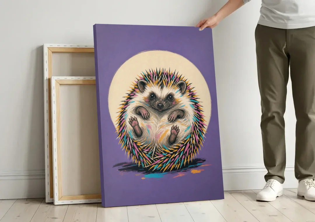 Whimsical Wall Decor Hedgehog Stuck on Its Back canvas wall art leaning against a wall next to blank canvases