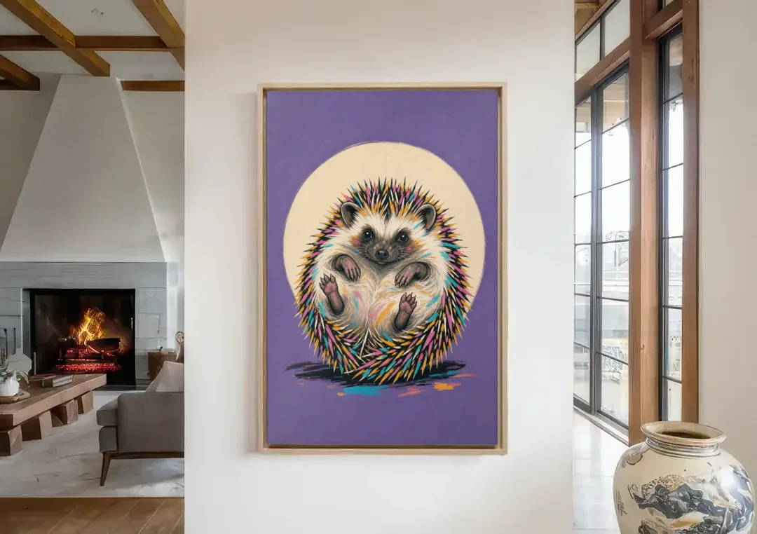 Whimsical Wall Decor Hedgehog Stuck on Its Back canvas wall art in a living room with a fireplace