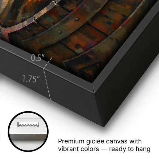 Whiskey Barrel Wall Art with Settled Ice in Amber - Black Framed Canvas Wall Art - Gallery Wrap Corner