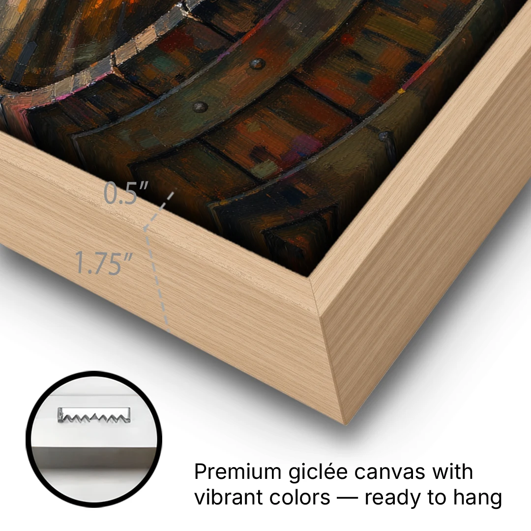 Whiskey Barrel Wall Art with Settled Ice in Amber - Oak Framed Canvas Wall Art - Gallery Wrap Corner