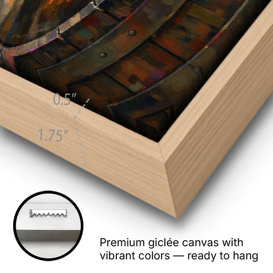 Whiskey Barrel Wall Art with Settled Ice in Amber - Oak Framed Canvas Wall Art - Gallery Wrap Corner