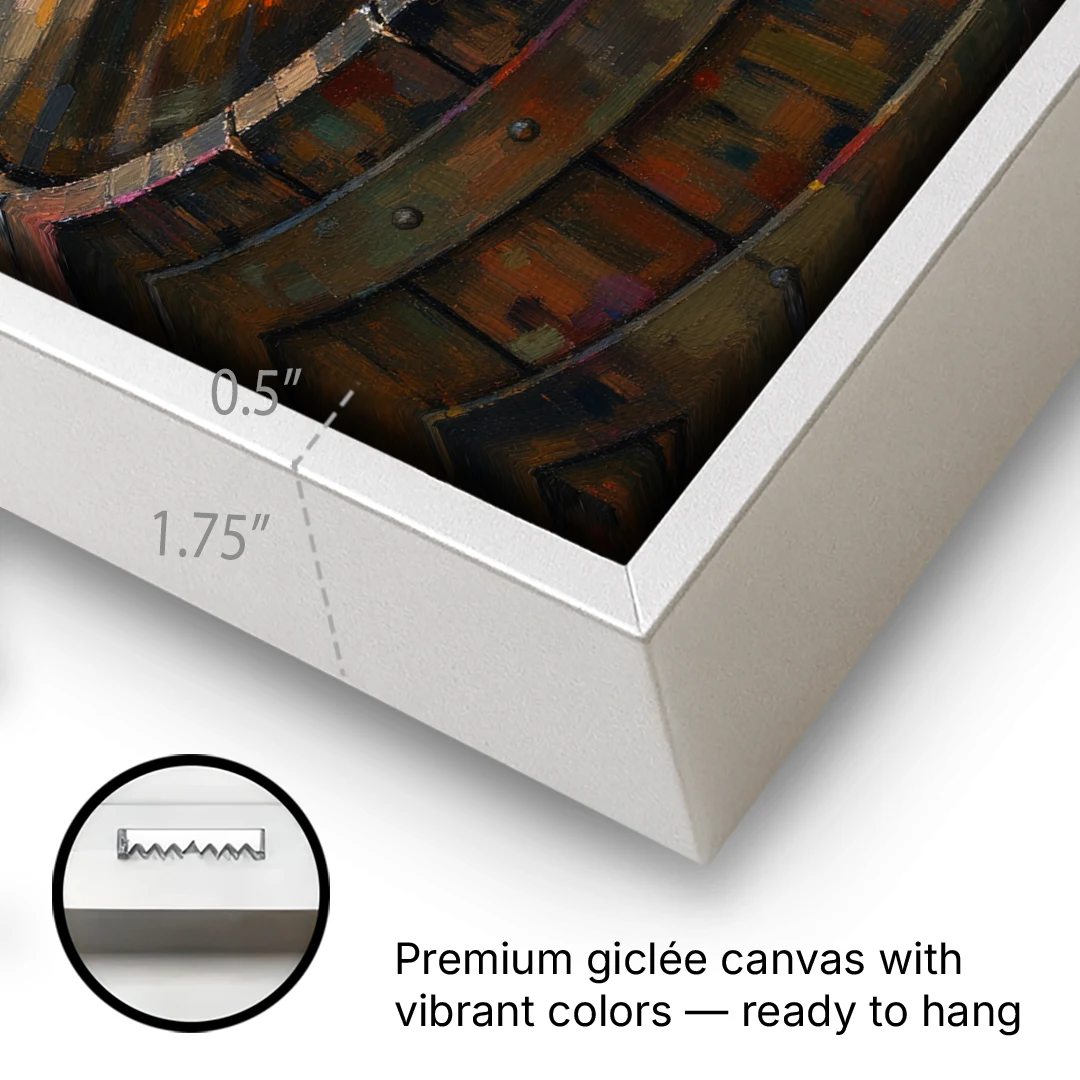 Whiskey Barrel Wall Art with Settled Ice in Amber - White Framed Canvas Wall Art - Gallery Wrap Corner