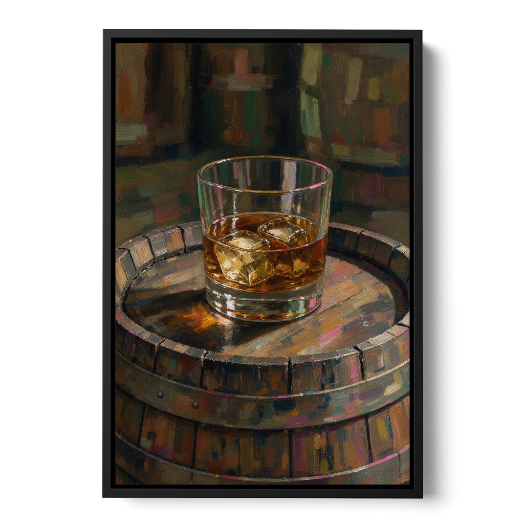 Whiskey Barrel Wall Art with Settled Ice in Amber - Black Framed Canvas Wall Art - Front
