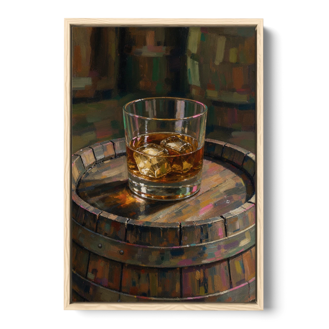 Whiskey Barrel Wall Art with Settled Ice in Amber - Oak Framed Canvas Wall Art - Front