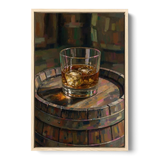 Whiskey Barrel Wall Art with Settled Ice in Amber - Oak Framed Canvas Wall Art - Front
