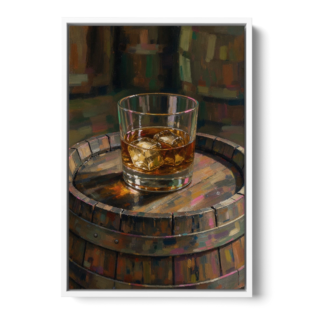 Whiskey Barrel Wall Art with Settled Ice in Amber - White Framed Canvas Wall Art - Front