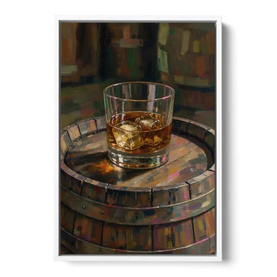 Whiskey Barrel Wall Art with Settled Ice in Amber - White Framed Canvas Wall Art - Front