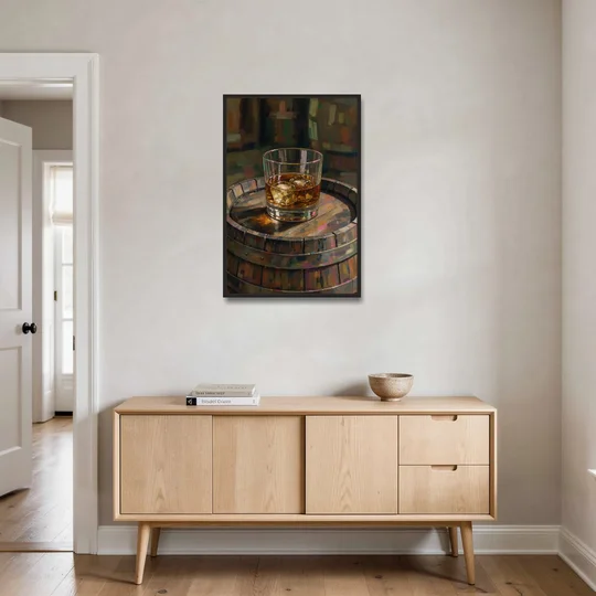 Whiskey Barrel Wall Art with Settled Ice in Amber - Black Framed Canvas Wall Art - Coffee Table - 24x36