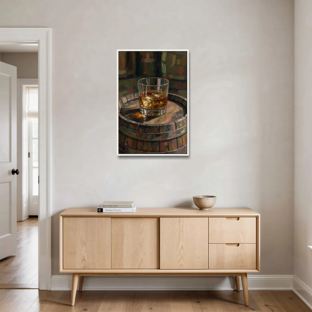 Whiskey Barrel Wall Art with Settled Ice in Amber - White Framed Canvas Wall Art - Coffee Table - 24x36