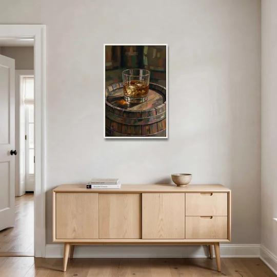 Whiskey Barrel Wall Art with Settled Ice in Amber - White Framed Canvas Wall Art - Coffee Table - 24x36