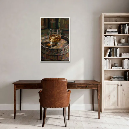 Whiskey Barrel Wall Art with Settled Ice in Amber - White Framed Canvas Wall Art - Office - 24x36