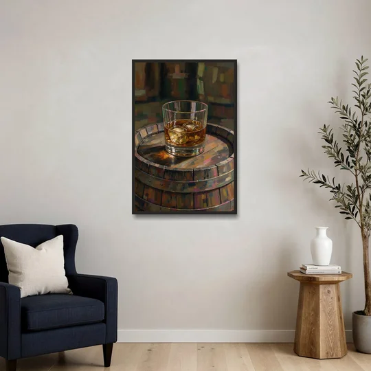 Whiskey Barrel Wall Art with Settled Ice in Amber - Black Framed Canvas Wall Art - Sofa - 24x36