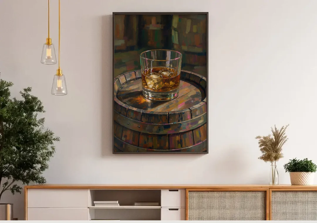 Whiskey Barrel Wall Art with Settled Ice in Amber canvas wall art above a wooden sideboard under pendant lights