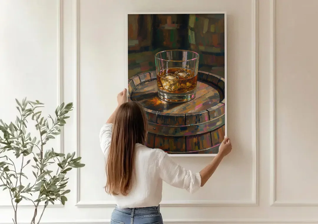 Whiskey Barrel Wall Art with Settled Ice in Amber canvas wall art being hung on a paneled wall
