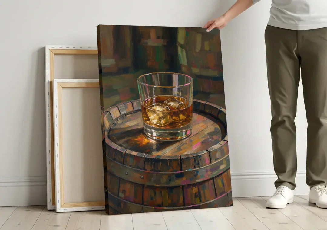 Whiskey Barrel Wall Art with Settled Ice in Amber canvas wall art leaning against a wall next to blank canvases