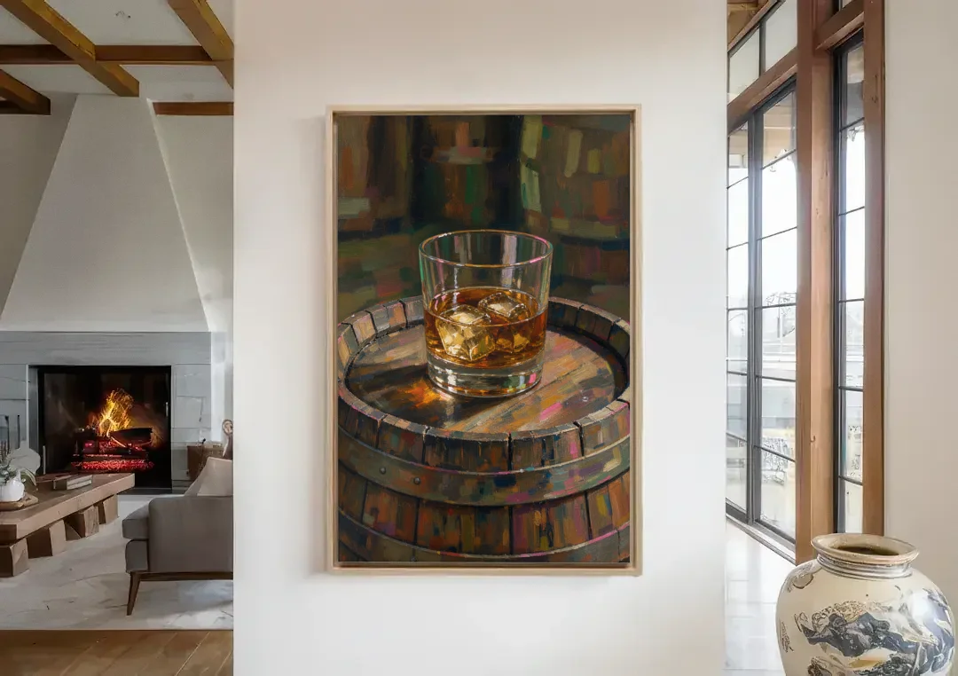 Whiskey Barrel Wall Art with Settled Ice in Amber canvas wall art in a living room with a fireplace