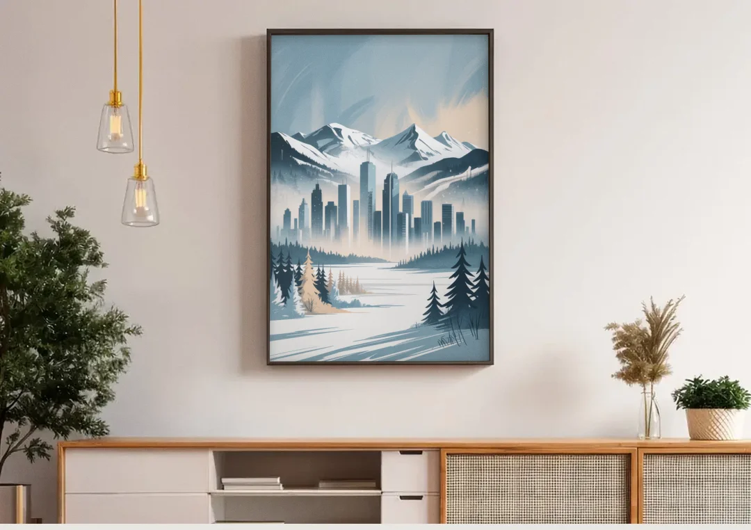 Whistler Winter Wonderland canvas wall art above a wooden sideboard under pendant lights