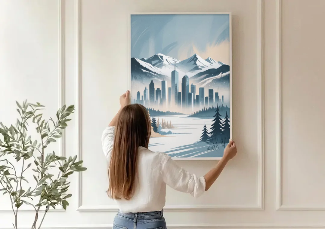 Whistler Winter Wonderland canvas wall art being hung on a paneled wall