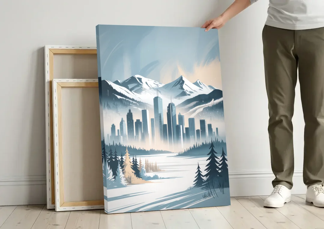 Whistler Winter Wonderland canvas wall art leaning against a wall next to blank canvases