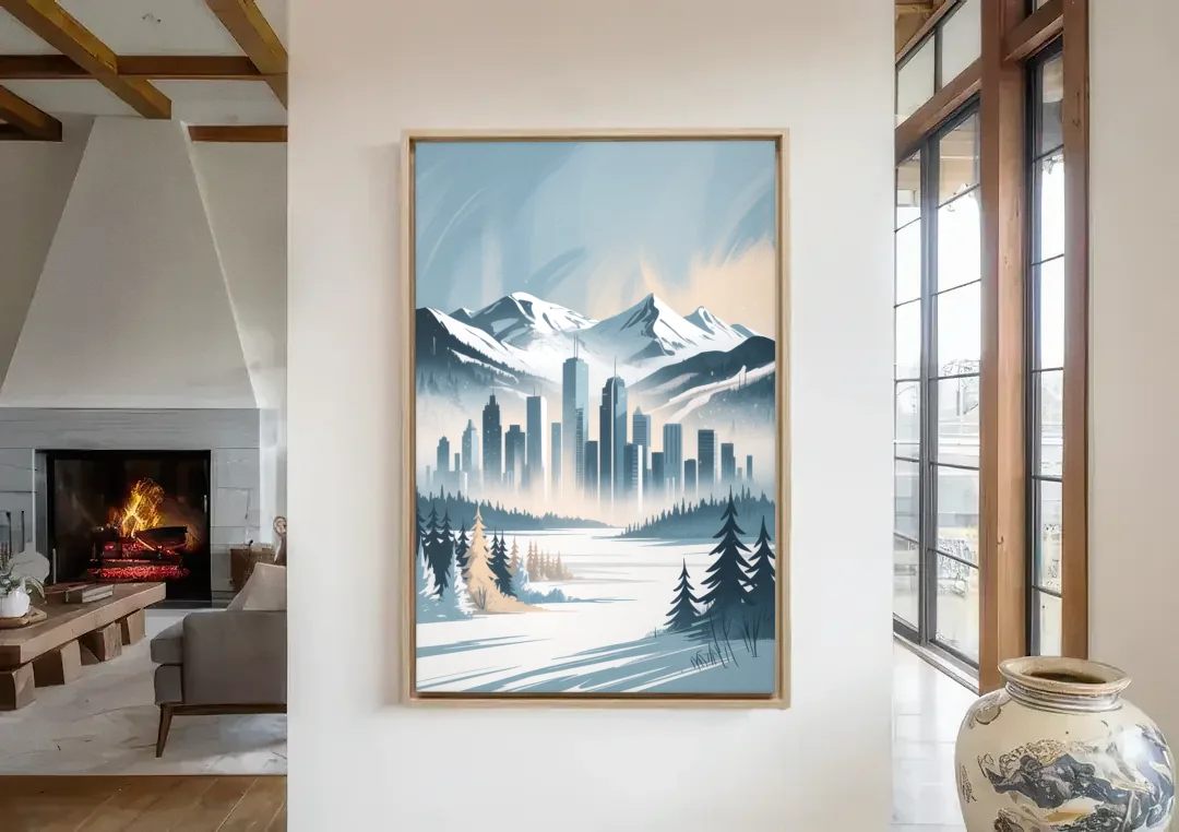 Whistler Winter Wonderland canvas wall art in a living room with a fireplace