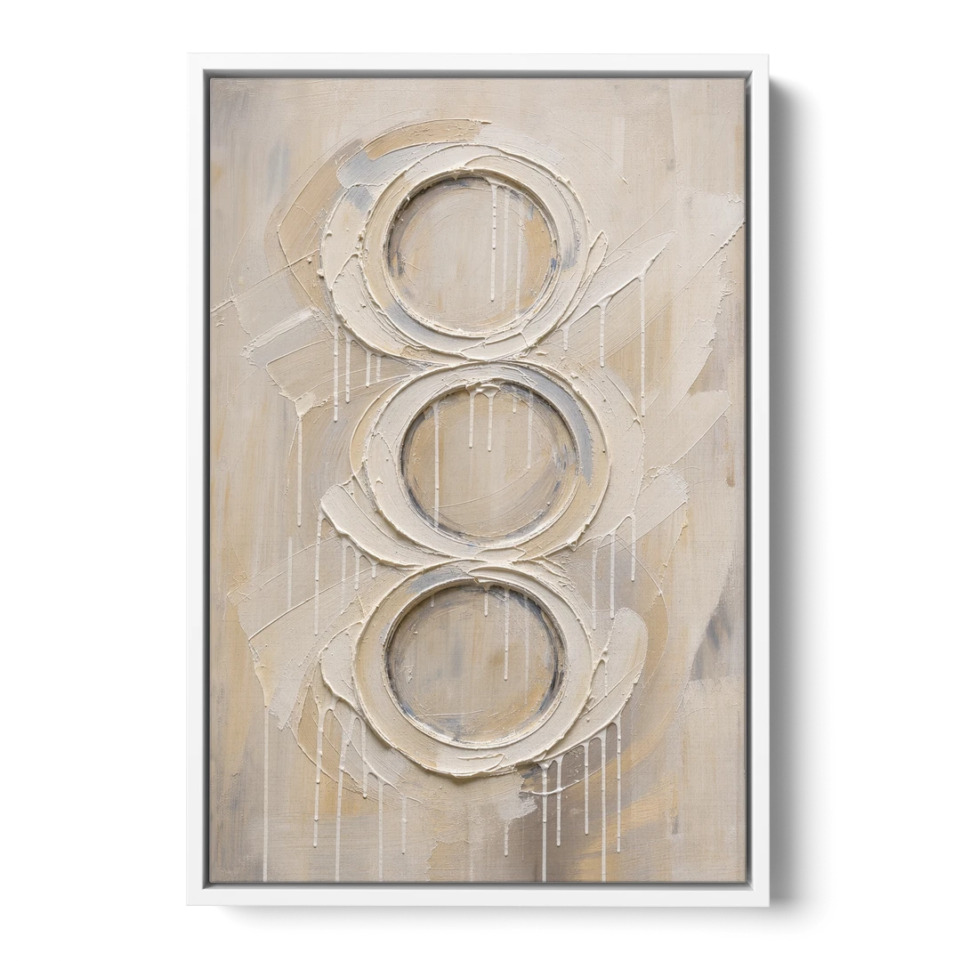 White Abstract Wall Art with Three Stacked Rings - White Framed Canvas Wall Art - Front