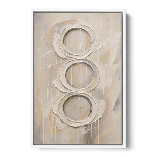 White Abstract Wall Art with Three Stacked Rings - White Framed Canvas Wall Art - Front