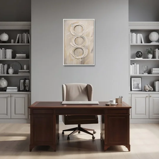 White Abstract Wall Art with Three Stacked Rings - White Framed Canvas Wall Art - Office - 24x36