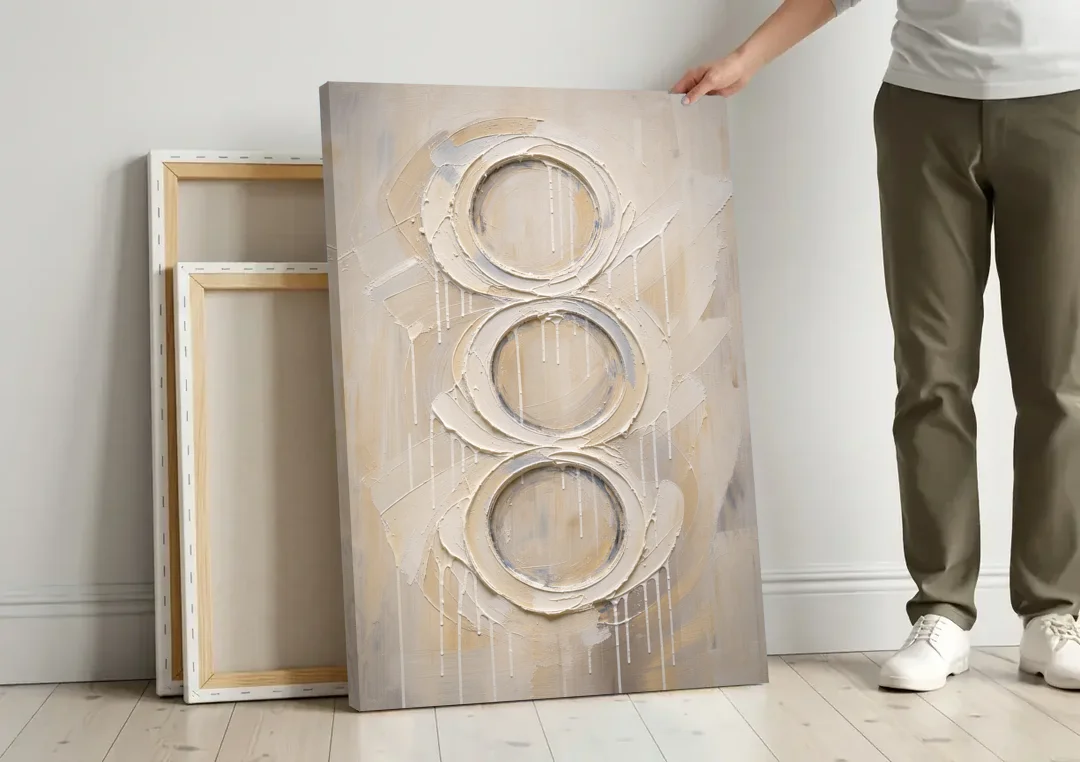 White Abstract Wall Art with Three Stacked Rings canvas wall art leaning against a wall next to blank canvases