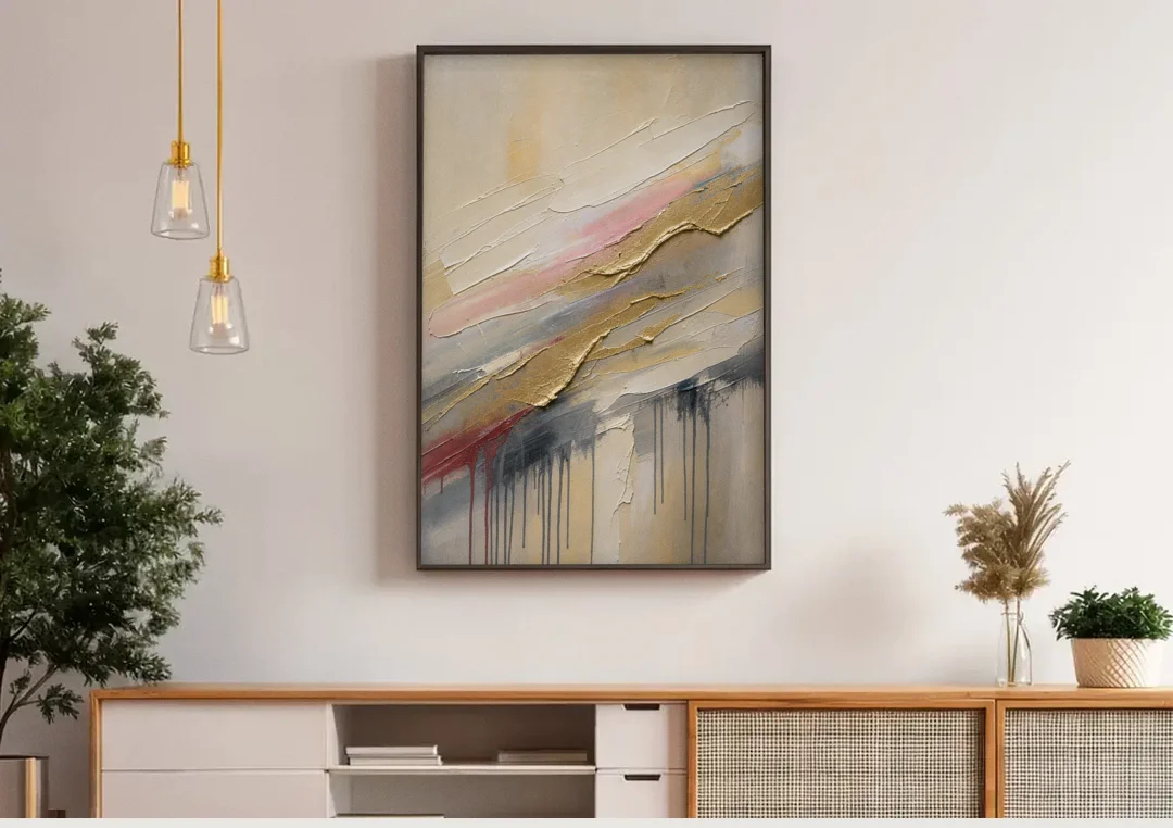 White and Gold Knife Sweeps for the Spa Bathroom canvas wall art above a wooden sideboard under pendant lights
