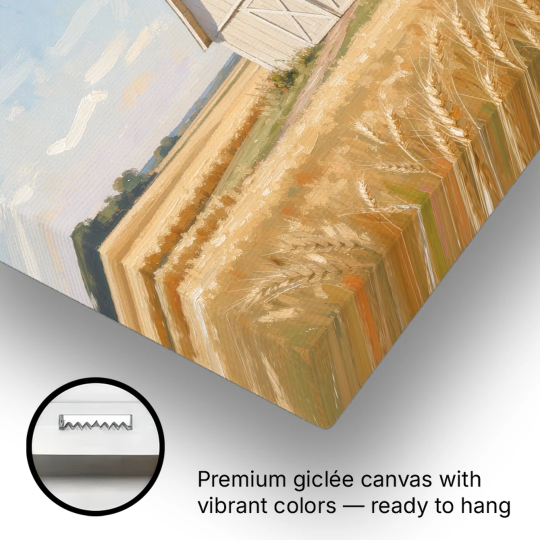 White Barn Beyond the Golden Wheat - Canvas Wall Art - Gallery Wrap Corner