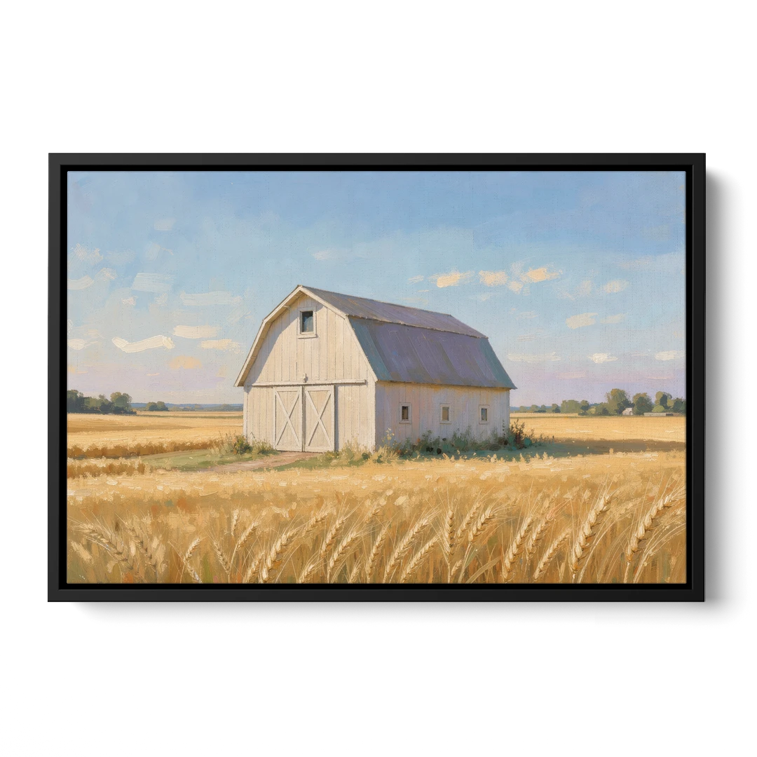 White Barn Beyond the Golden Wheat - Black Framed Canvas Wall Art - Front