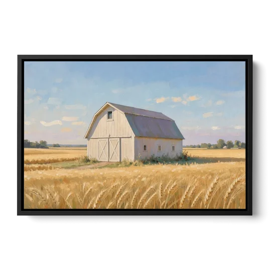 White Barn Beyond the Golden Wheat - Black Framed Canvas Wall Art - Front