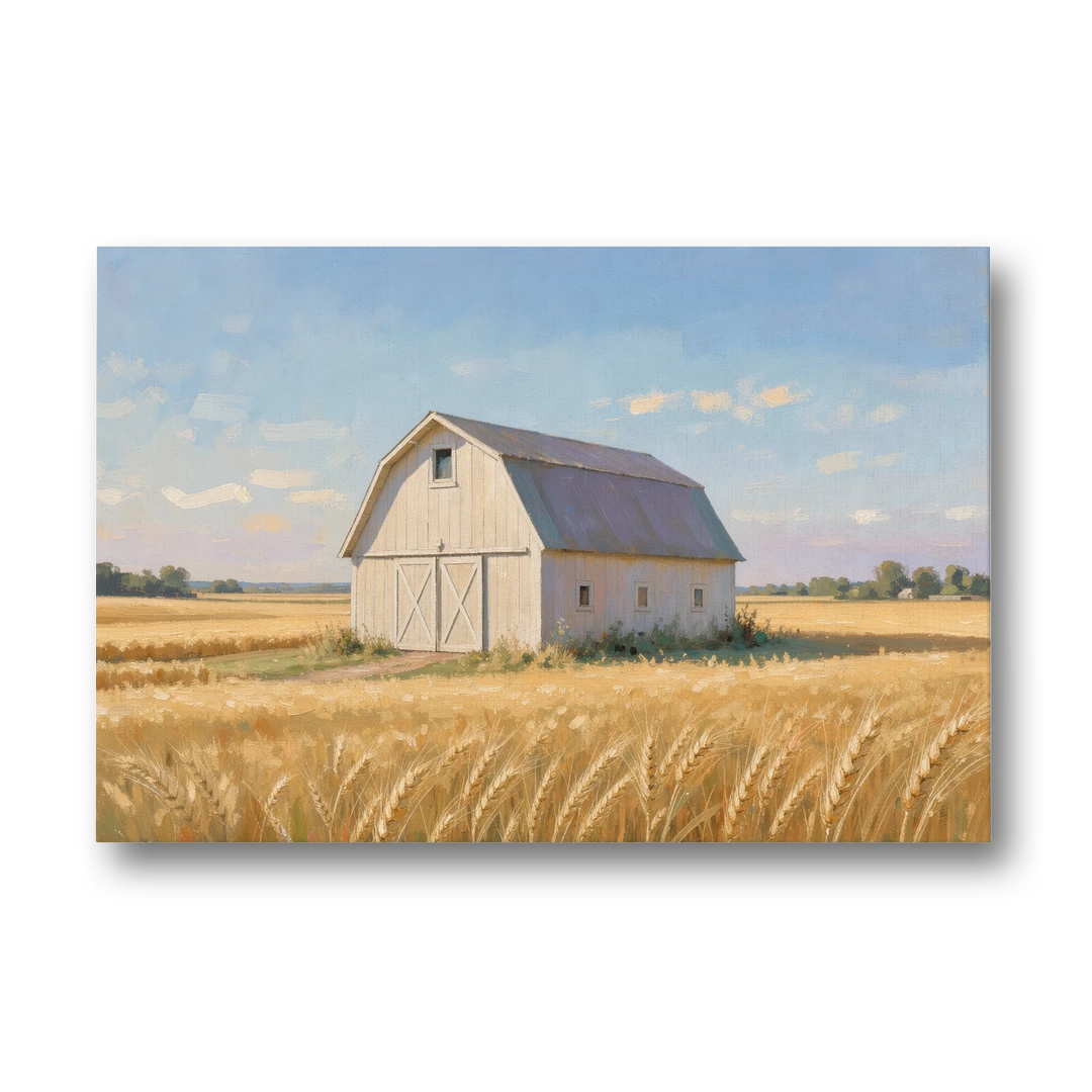 White Barn Beyond the Golden Wheat - Canvas Wall Art - Front