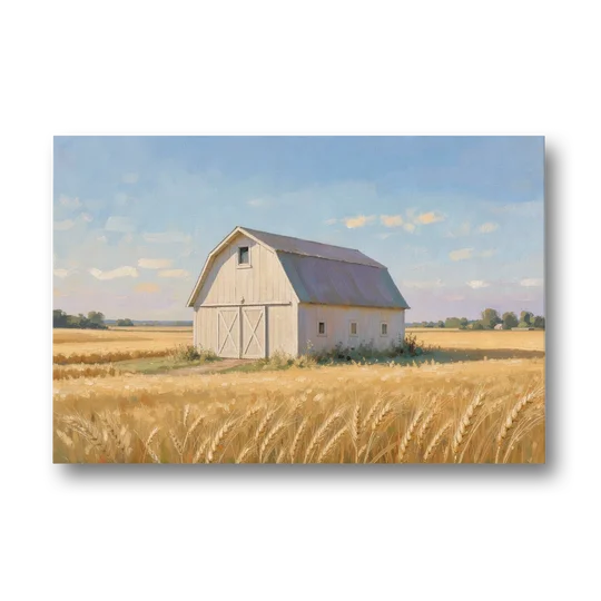 White Barn Beyond the Golden Wheat - Canvas Wall Art - Front