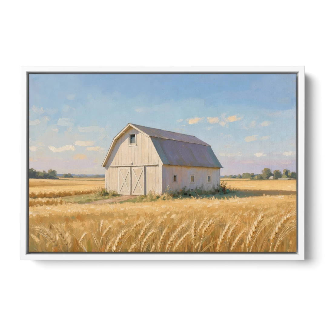 White Barn Beyond the Golden Wheat - White Framed Canvas Wall Art - Front