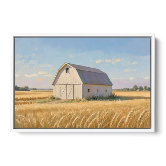White Barn Beyond the Golden Wheat - White Framed Canvas Wall Art - Front