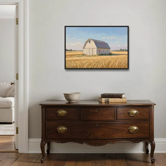 White Barn Beyond the Golden Wheat - Black Framed Canvas Wall Art - Coffee Table - 36x24