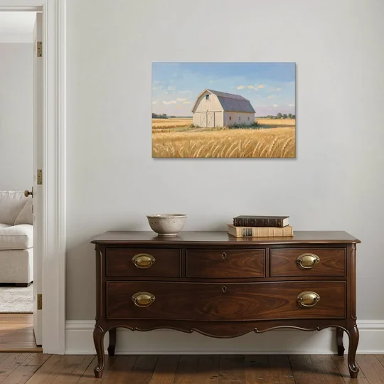 White Barn Beyond the Golden Wheat - Canvas Wall Art - Coffee Table - 36x24