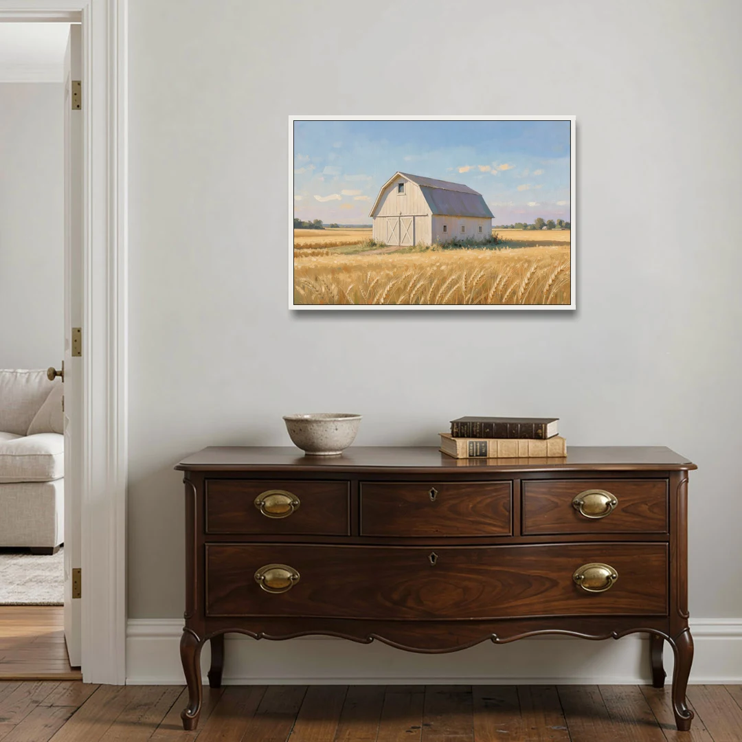 White Barn Beyond the Golden Wheat - White Framed Canvas Wall Art - Coffee Table - 36x24