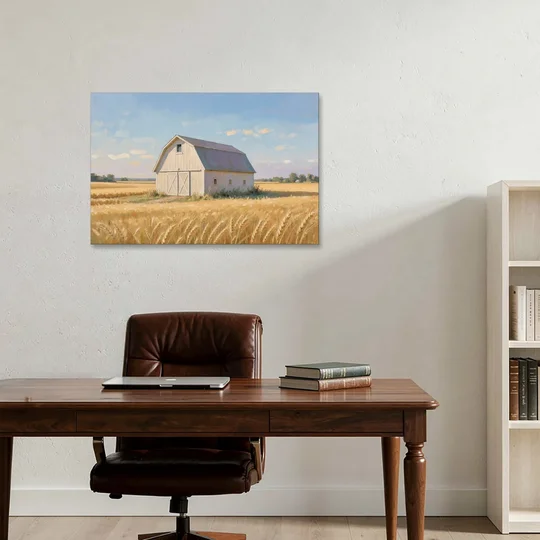 White Barn Beyond the Golden Wheat - Canvas Wall Art - Office - 36x24