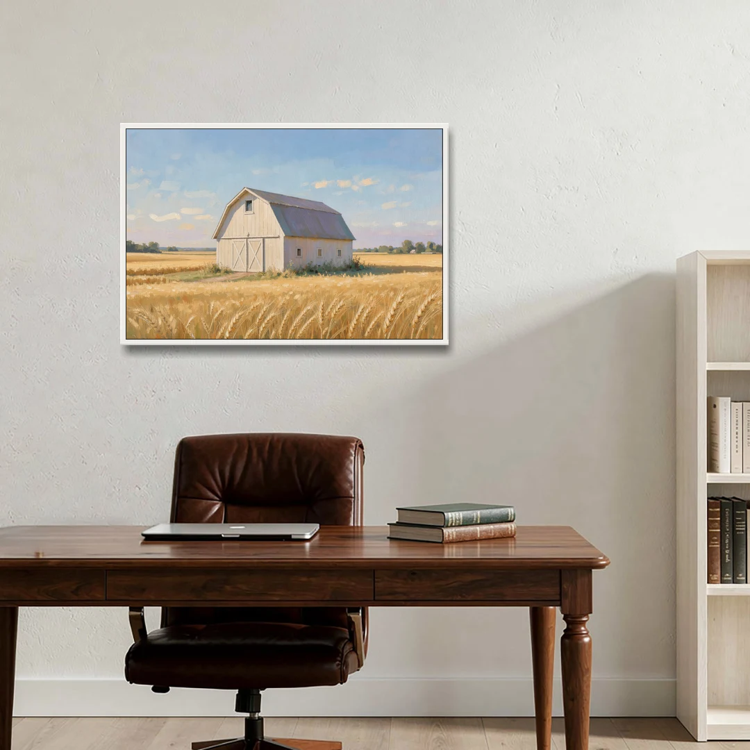 White Barn Beyond the Golden Wheat - White Framed Canvas Wall Art - Office - 36x24