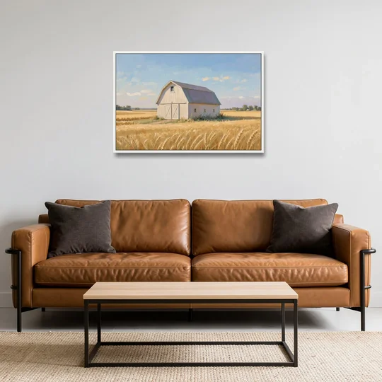 White Barn Beyond the Golden Wheat - White Framed Canvas Wall Art - Sofa - 36x24