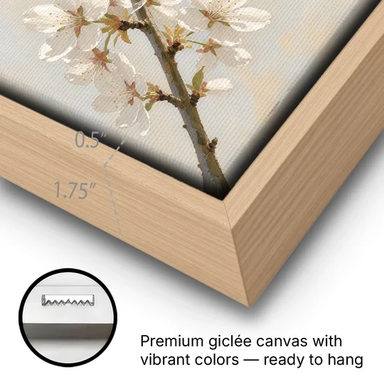 Impressionist White Cherry Blossom Branch in Morning Light - Oak Framed Canvas Wall Art - Gallery Wrap Corner