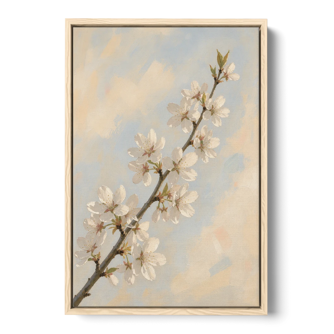 Impressionist White Cherry Blossom Branch in Morning Light - Oak Framed Canvas Wall Art - Front