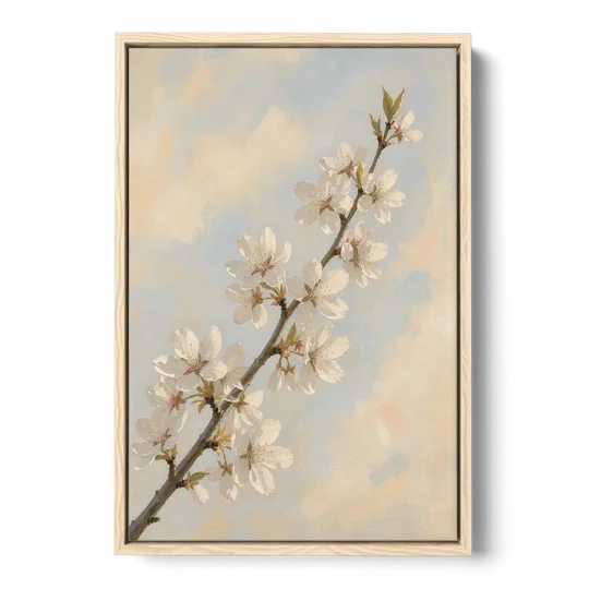 Impressionist White Cherry Blossom Branch in Morning Light - Oak Framed Canvas Wall Art - Front