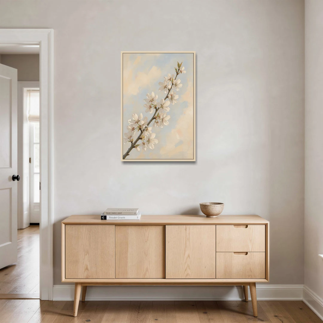 Impressionist White Cherry Blossom Branch in Morning Light - Oak Framed Canvas Wall Art - Coffee Table - 24x36