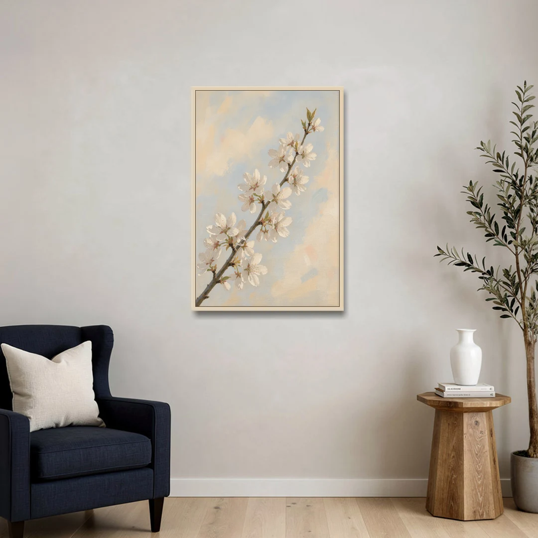 Impressionist White Cherry Blossom Branch in Morning Light - Oak Framed Canvas Wall Art - Sofa - 24x36