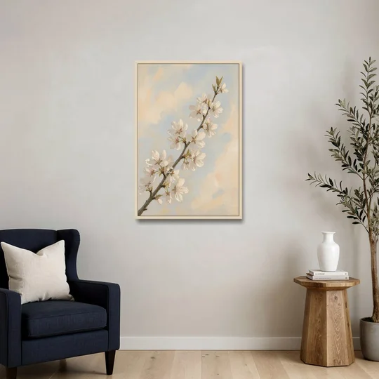 Impressionist White Cherry Blossom Branch in Morning Light - Oak Framed Canvas Wall Art - Sofa - 24x36