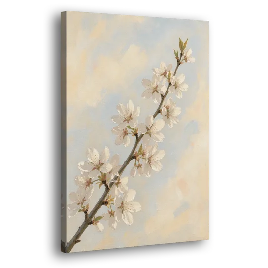 Impressionist White Cherry Blossom Branch in Morning Light - Canvas Wall Art - Side